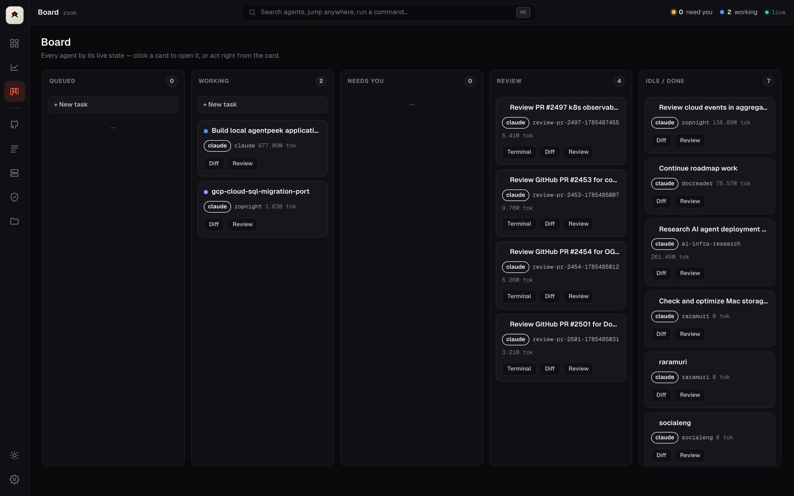rook board — agents grouped by live state